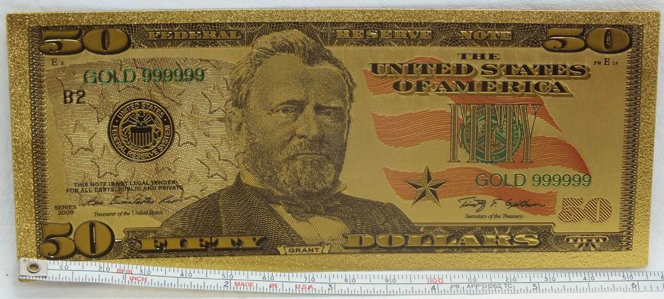 100mg 24K Gold 2009 $50 Dollar Bill Federal Reserve Banknote with