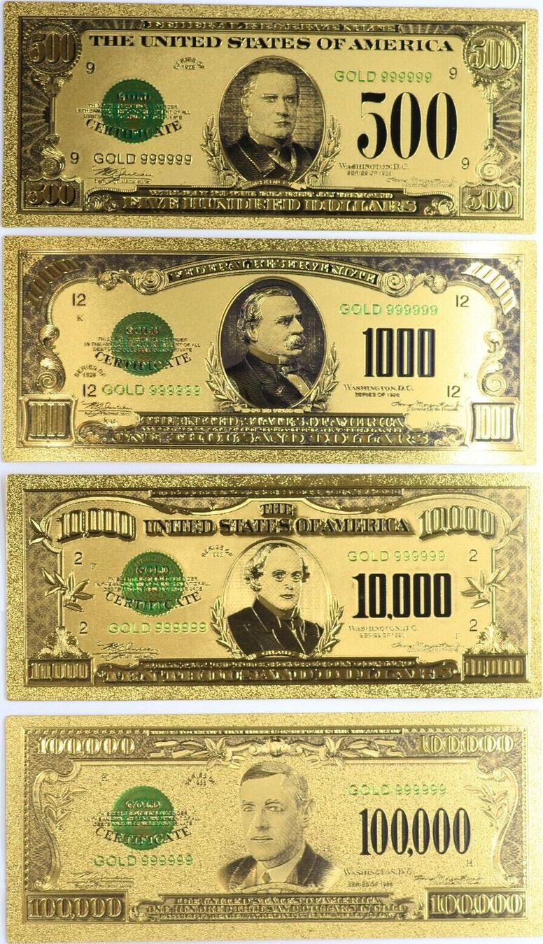 Details about   Gold Notes $500 $1,000 $5,000 $100,000 Federal Reserve Set 24k Plated Set of 4 