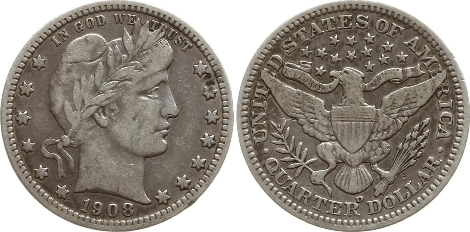usa barber quarter dollar 1908 d denver vf