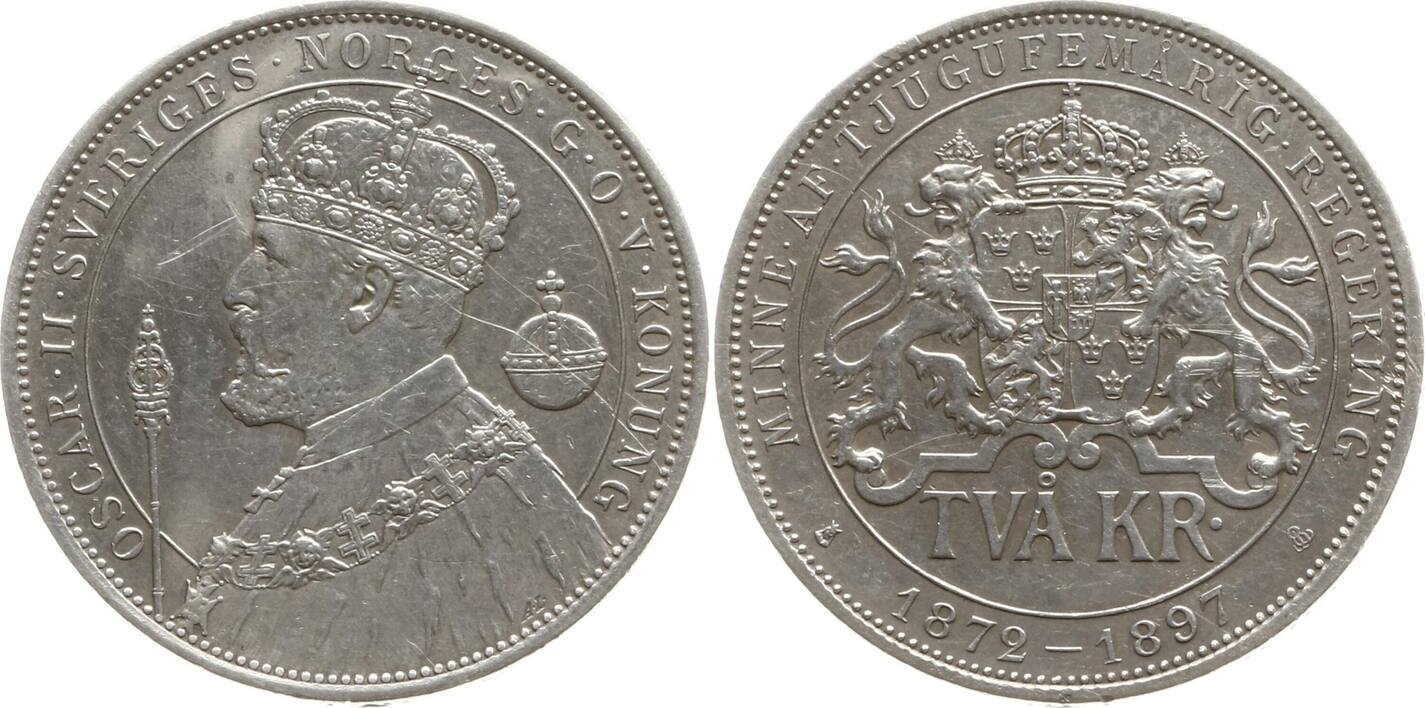 Schweden, Königreich 2 Kronen 1897 Oskar II., 1872 - 1907, 25. Regierungsjubiläum VF , feine Kr ...