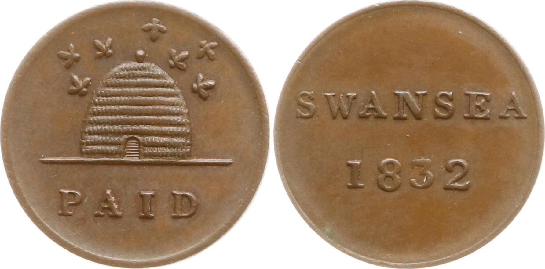 Großbritannien, Königreich, Südwales Cu Farthing Token 1832, R! Swansea,  Bienenkorb, PAID AU | MA-Shops