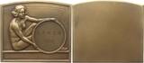 Belgien Große einseitige Bronzeplakette 1958 von Michel, Unbestimmt, Unbekleidete Frau hält Reif, darin R.A.M.C.H. Sehr selten, UNC-