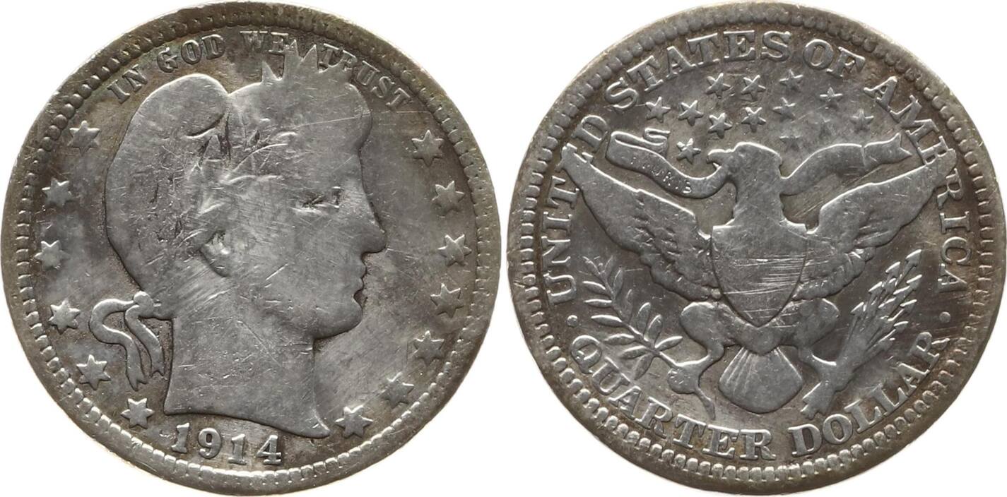 USA 1 4 Dollar Barber Quarter 1914 F gereinigt