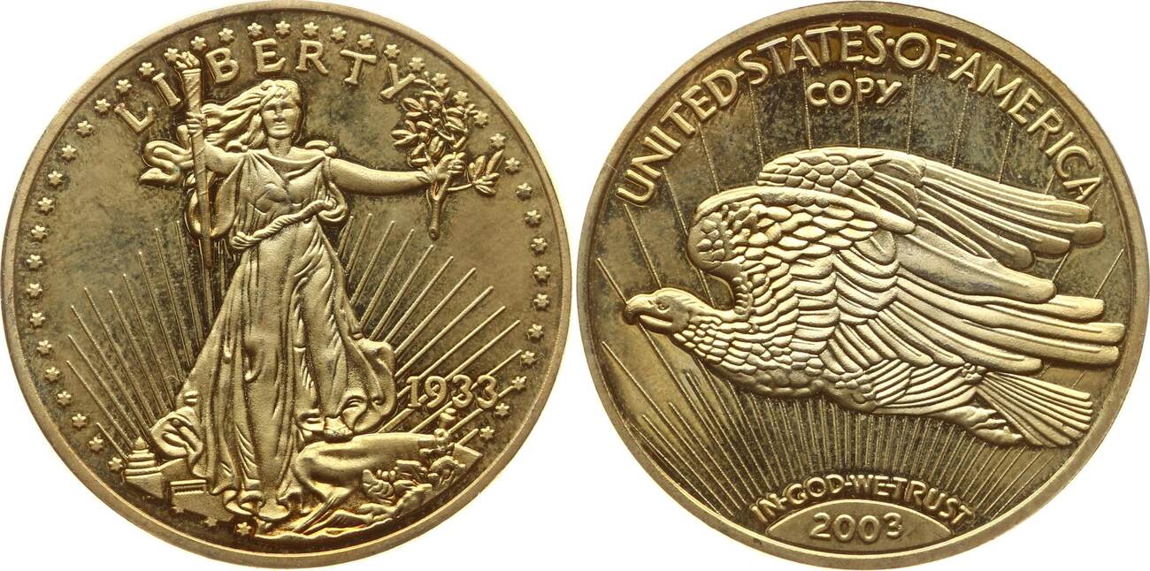 USA Vergoldete Cu-Ni Medaille 2003 (1933) gekennzeichnete Kopie 20 Dollar  1933 (teuerste Münze der Welt) Proof offen | MA-Shops