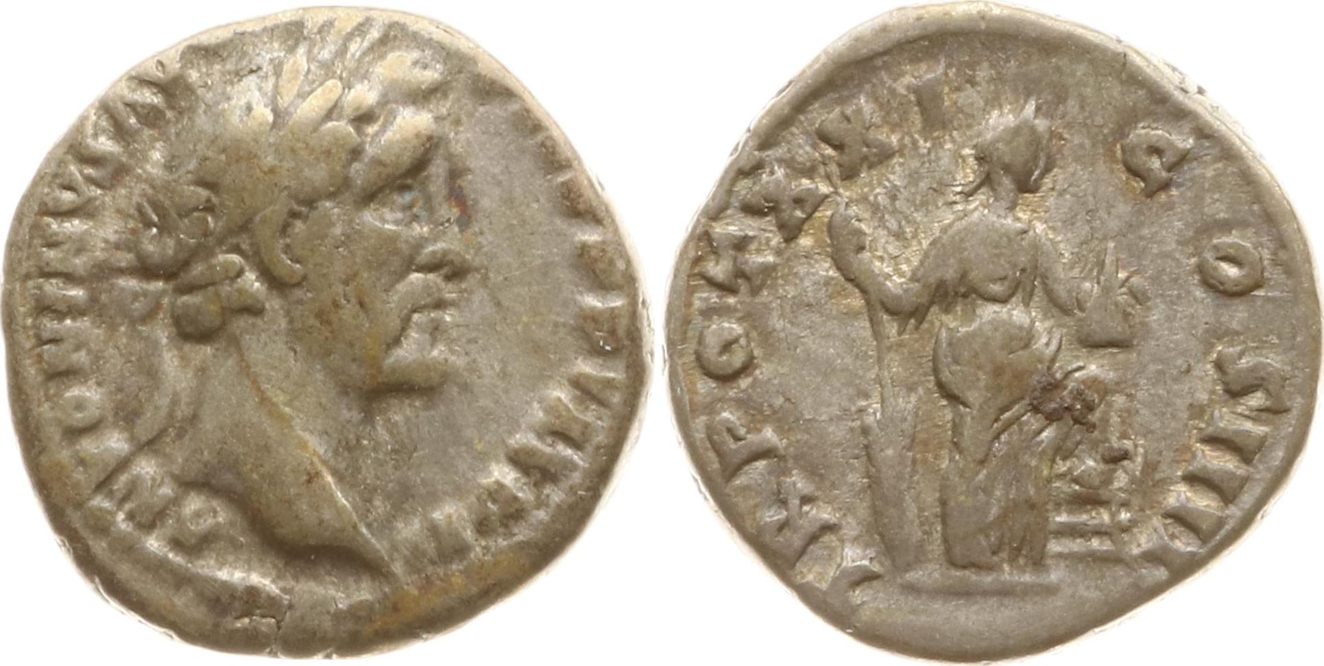 Römische Kaiserzeit Denar 157 - 158 Antoninus Pius, ANTONINVS AVG - PIVS PP  IMP II / TR POT XXI - COS IIII VF, wohl altgetaucht und leicht angelaufen |  MA-Shops