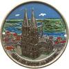Große hohlgeprägte versilberte Plakette o.J. Köln, Stadt ohne Signatur, fein koloriert, Ansicht Dom von Westen im Hintergrund der Rhein Sehr schö...