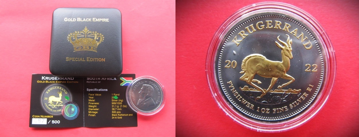 Südafrika Krugerrand Krügerrand 2022 Silver 1 oz Springbok Black Ruthenium Gold plated