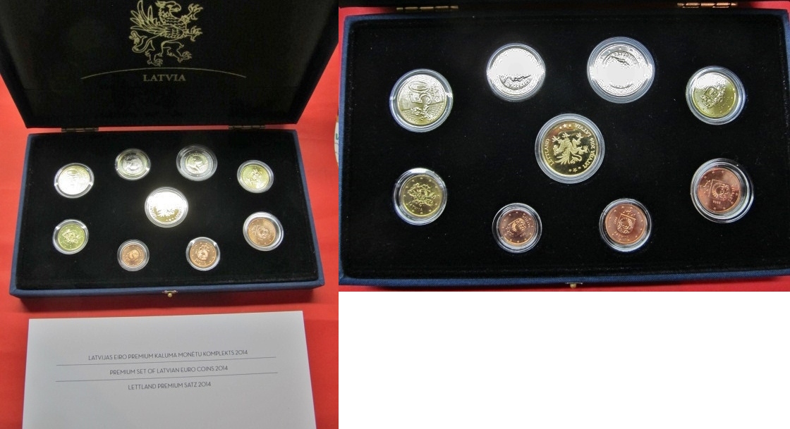 Lettland Euro KMS Latvian Euro coins Premium Set 2014 with gold medal BU  (MS65-70) / Proof