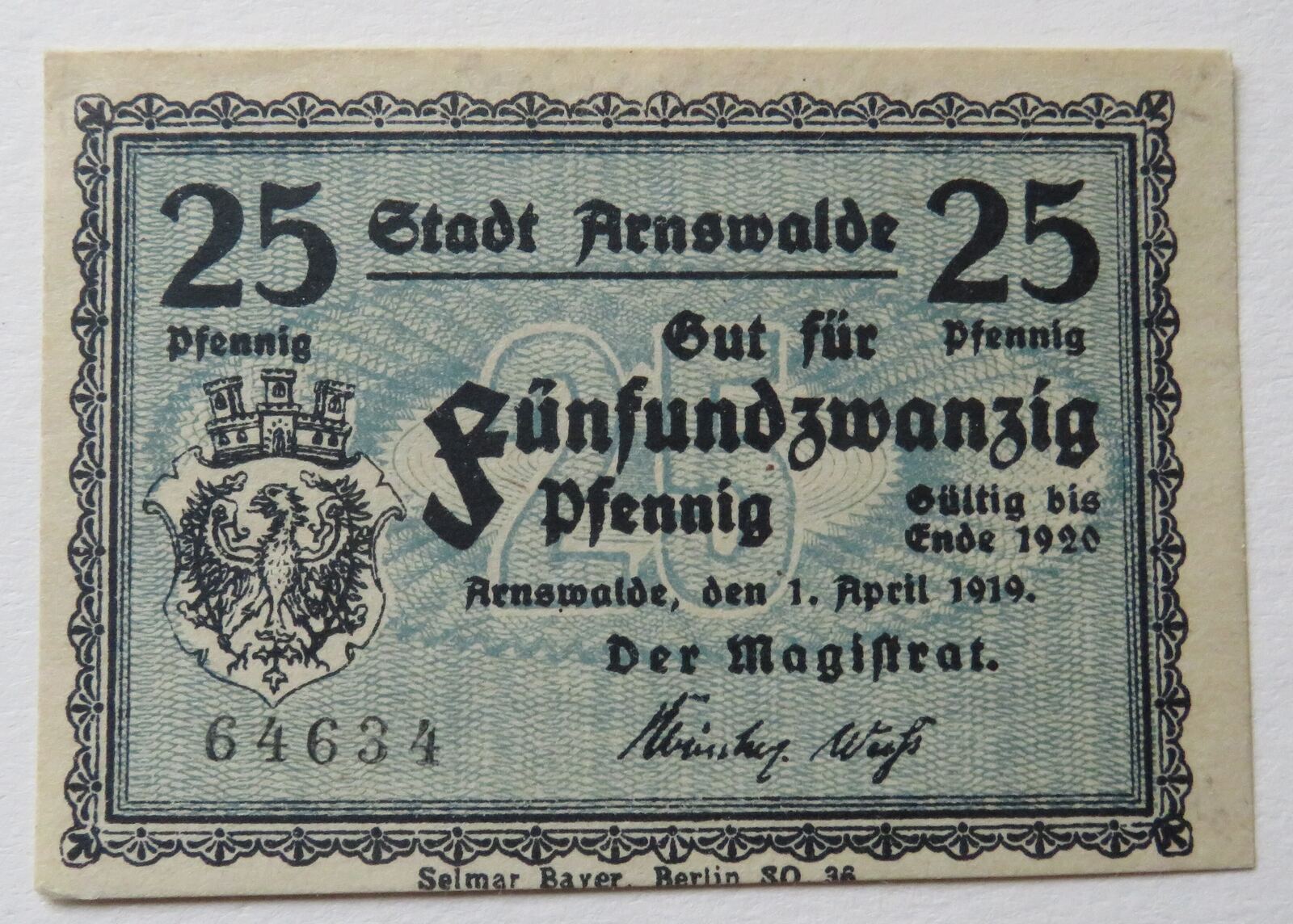 Arnswalde, Choszczno, Brandenburg 25 Pfennig 1919 Stadt, Notgeld fast GEM  UNC | MA-Shops
