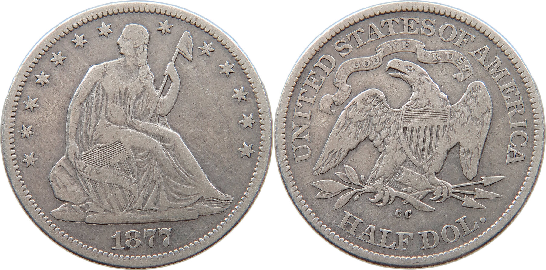 UNITED STATES OF AMERICA HALF 1 2 DOLLAR 1877 CC SEATED LIBERTY F