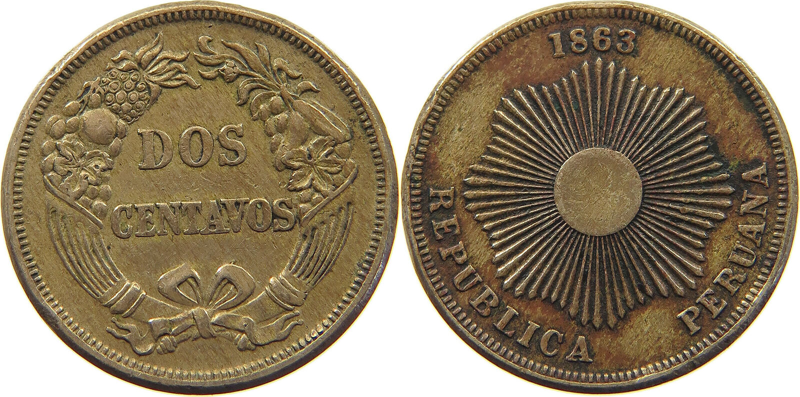 Peru 2 Centavos 1863 Vf 