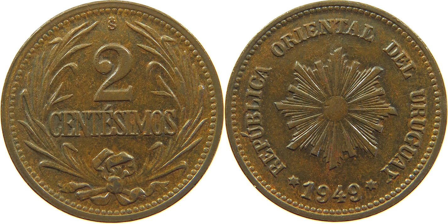 URUGUAY 2 CENTESIMOS 1949 VF MA Shops