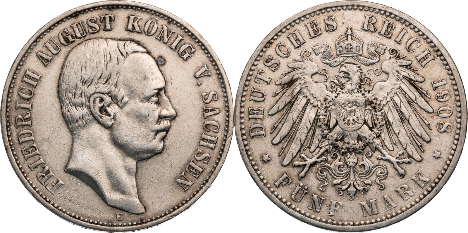 Kaiserreich, Sachsen 5 Mark 1908 E Friedrich August III. (1904-1918) - Kursmünze (1907-1914) VF