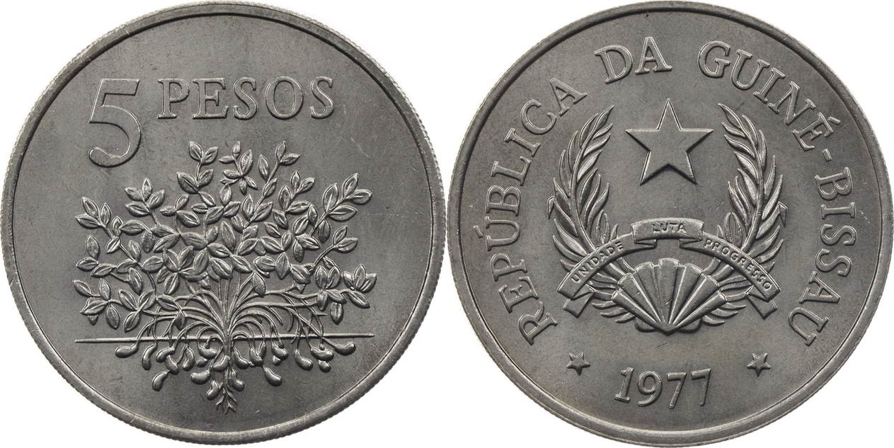 Guinea-Bissau 5 Pesos 1977 FAO-Serie - Erdnusspflanze / Staatswappen ...