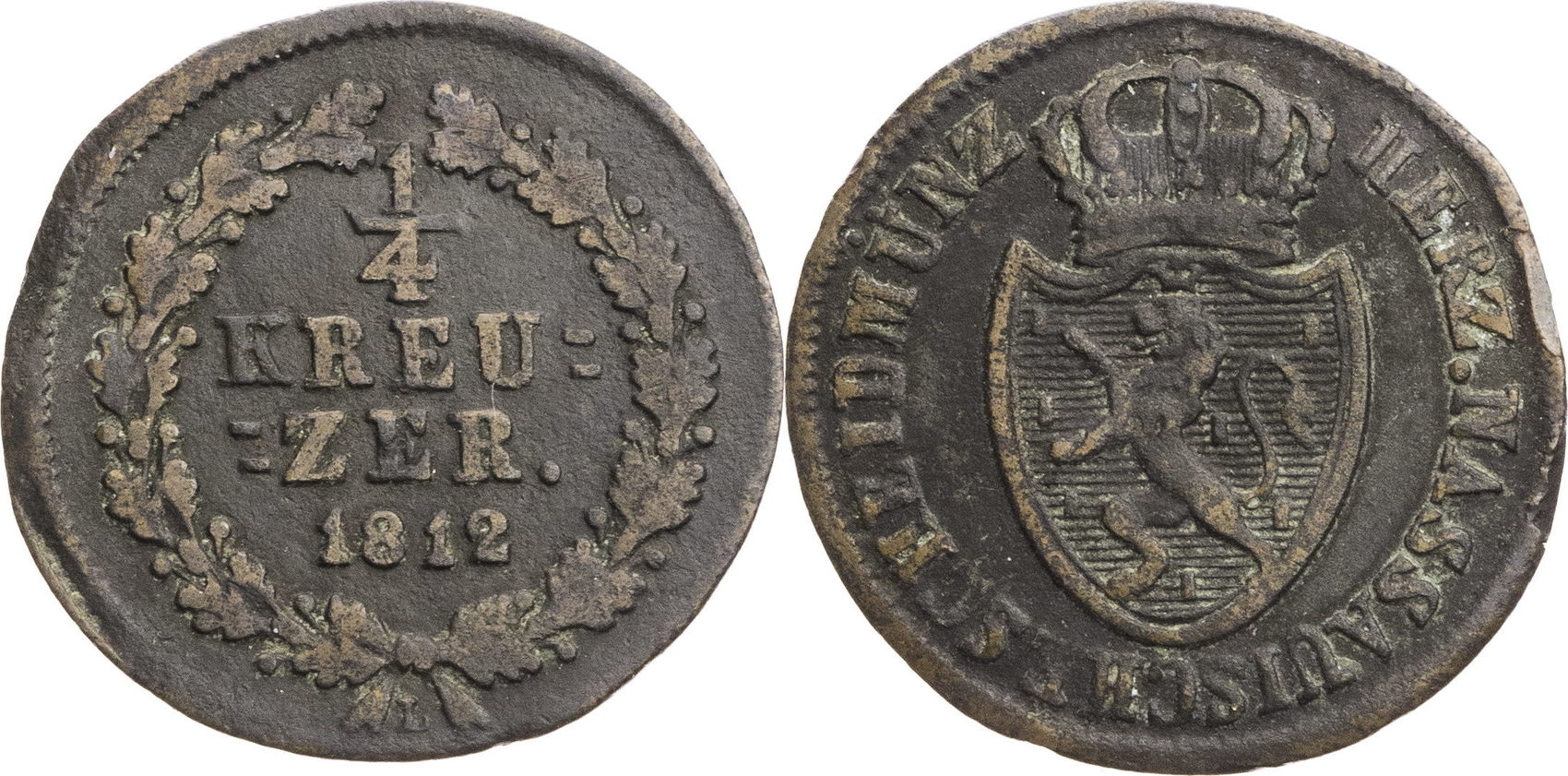 Nassau, Herzogtum 1/4 Kreuzer 1812 Friedrich August & Friedrich Wilhelm (1806-1816) - Kursmünze (1808-1814) VF