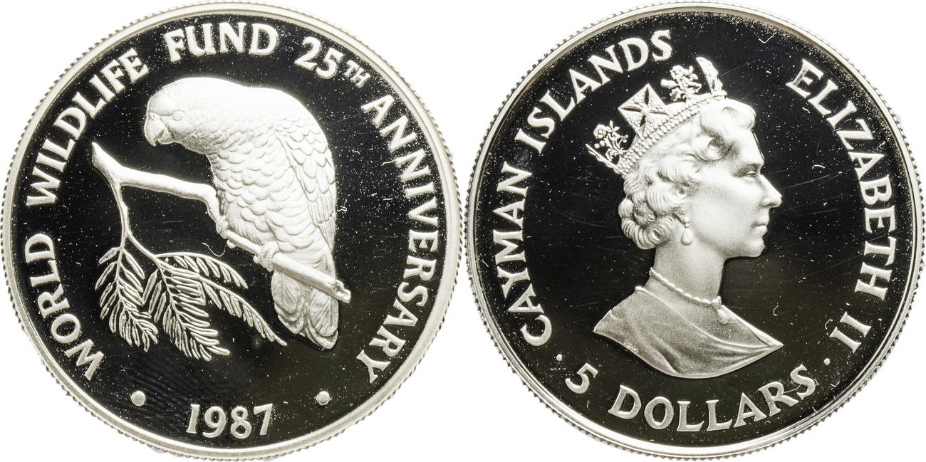 Cayman Islands 5 Dollars 1987 25th Anniversary of the World Wildlife ...