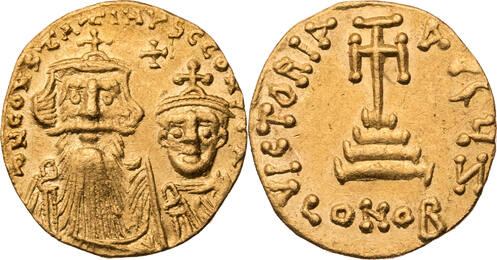 Byzanz Solidus 654-659 Constans II. mit Constantinus IV., Büsten mit Kreuzkronen / Stufenkreuz etwas
