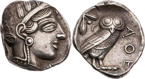 Attika Tetradrachme 454-404 v. Chr. Athen, Kopf der Athena / Eule feine Tönung, min. belegt, sonst E