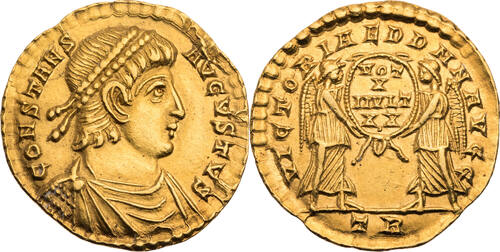 Römische Kaiserzeit Solidus 347-348 n. Chr. Constans, Trier, Büste / VICTORIAE DD NN AVGG, Victorien