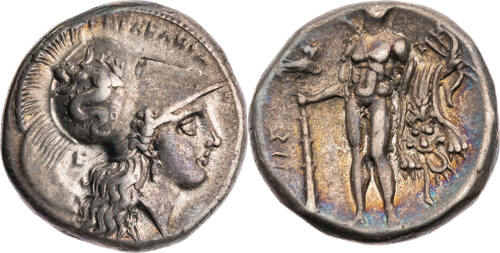 Lukanien Didrachme / Nomos 281-278 v. Chr. Herakleia, Kopf der Athena / Herakles mit Löwenfell, Keul