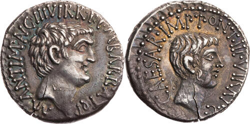 Römische Republik Denar 41 v. Chr. Marcus Antonius, Kopf des Marcus Antonius / Kopf des Octavianus h