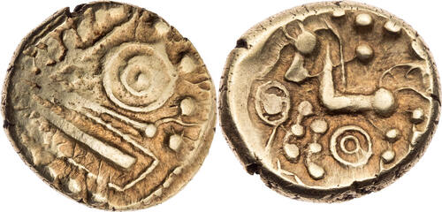 Germanien Stater (sog. Augenstater) 80-52 v. Chr. Treverer, ornamental aufgelöster Kopf / Pferd leic