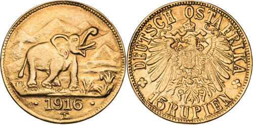Deutsch-Ostafrika 15 Rupien 1916 T Wilhelm II. (1888-1918) ss-vz, berieben, Prüfspuren am Rand