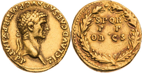 Römische Kaiserzeit Aureus 50/51 n. Chr. Claudius, Kopf / Eichenkanz (corona civica) schöne Goldtönu