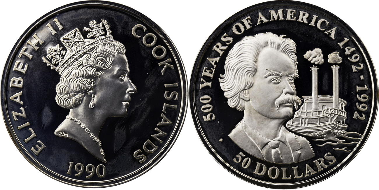 Cook Islands 50 Dollars 1990 500 Jahre Amerika - Samuel Clemens Proof ...