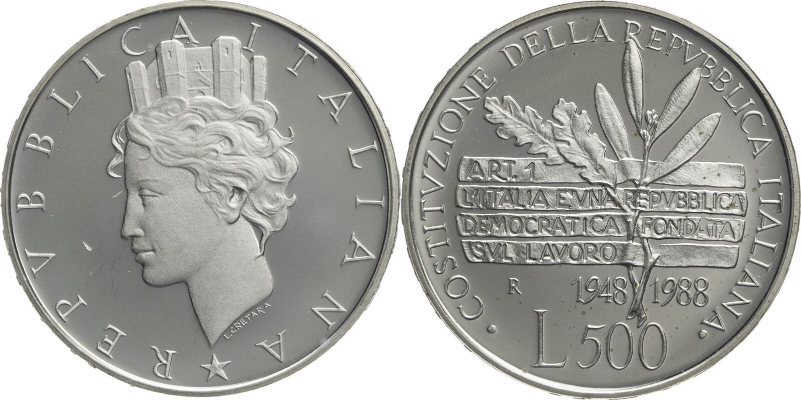 Since 1946. 500 Лир Proof Италия серебро.