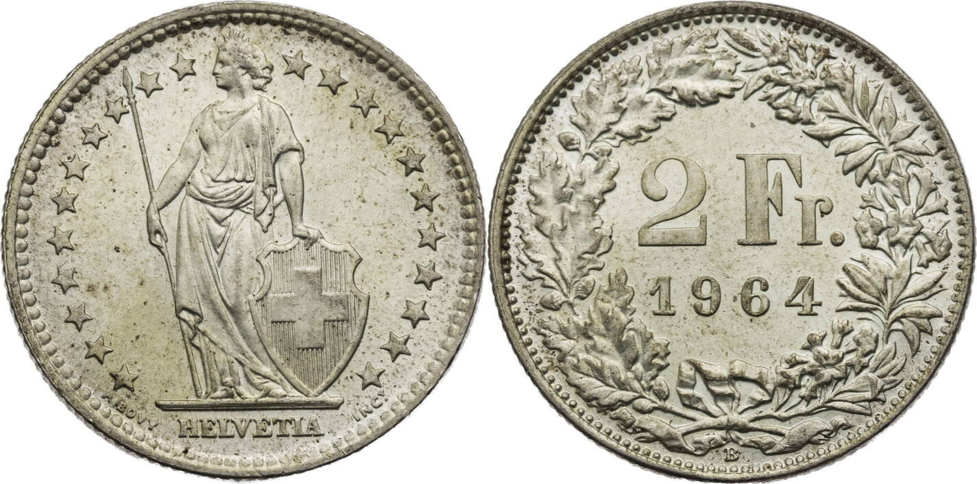 Schweiz 2 Franken 1964 B Helvetia - Kursmünze (1874-1967) EF | MA-Shops