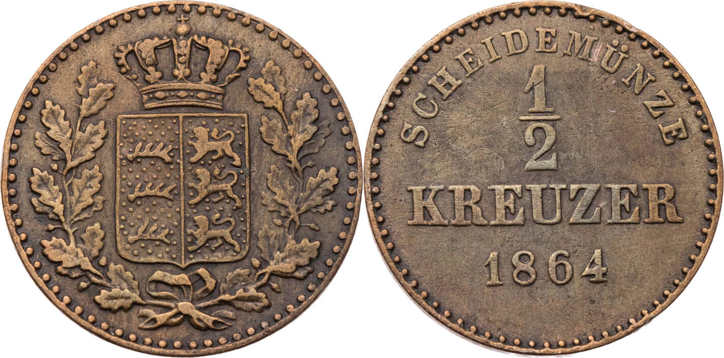 Württemberg, Königreich 1/2 Kreuzer 1864 Wilhelm (1816-1864) VF Русские  монеты из драгоценных