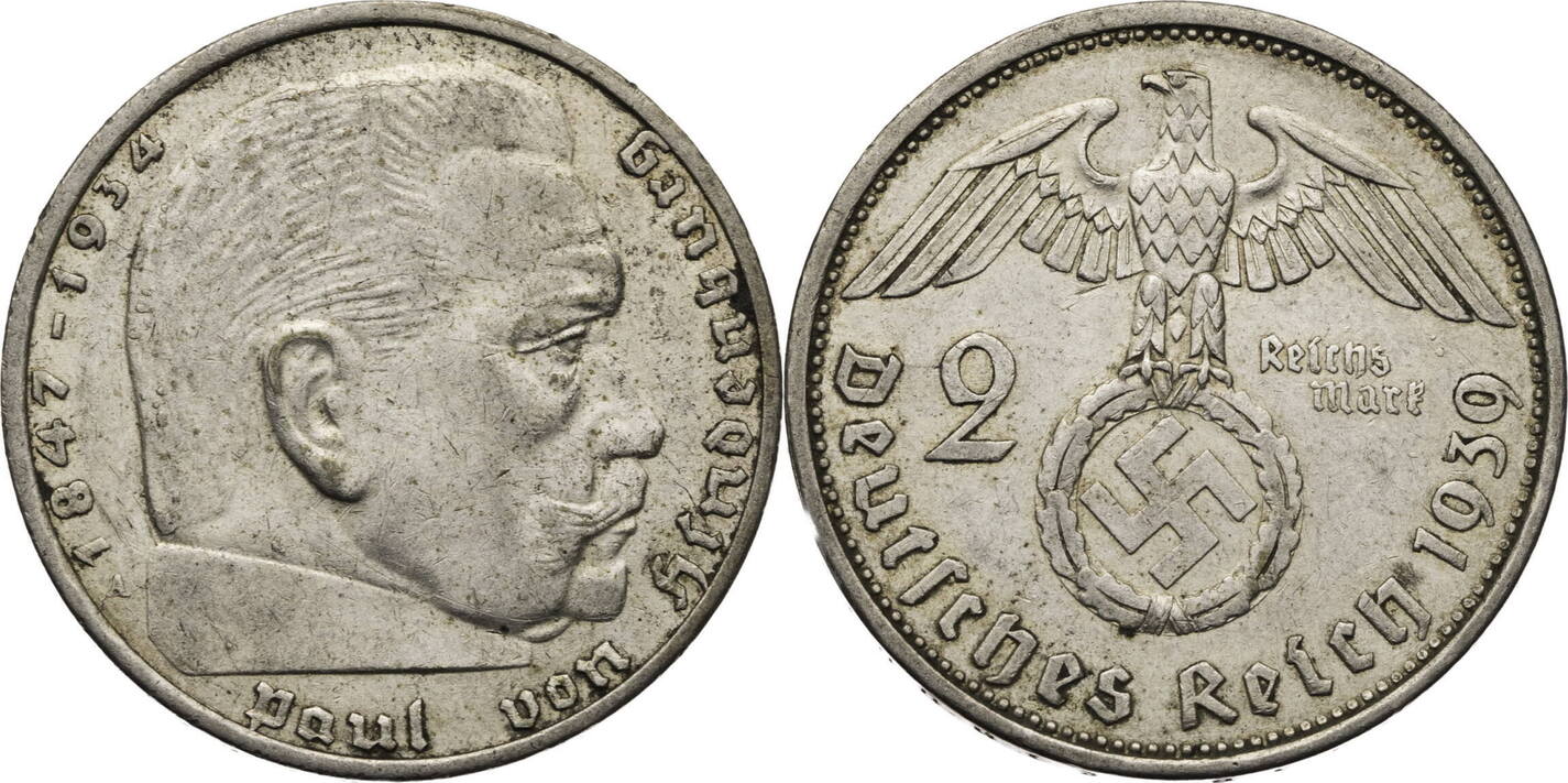 Pièce 2 Reichsmark Allemagne 1939 A - Hindenburg - Troisième Reich - Argent UNC