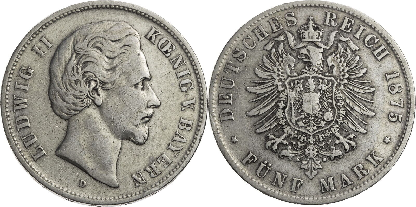 Kaiserreich, Bayern 5 Mark 1875 D Ludwig II. (1864-1886) F-VF | MA-Shops