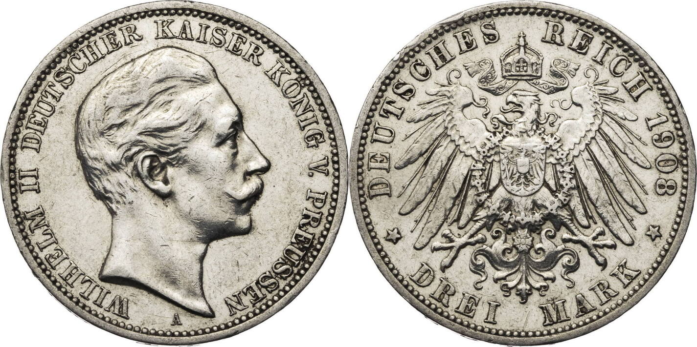 Kaiserreich, Preussen 3 Mark 1908 A Wilhelm II. (1888-1918) - Kursmünze ...