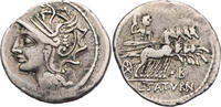 Römische Republik Denar L. Appuleius Saturninus, Kopf der Roma / Saturn in Quadriga -