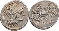 Römische Republik Denar L. Sentius C. f., Kopf der Roma / Jupiter in Quadriga -