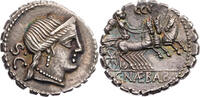 Römische Republik Denar (Serratus) C. Naevius Balbus, Kopf der Venus / Victoria in Triga -