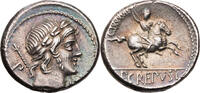 Römische Republik Denar P. Crepusius, Kopf des Apollo / Reiter mit Lanze