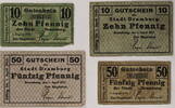 Dramburg 2x10 Pfennig, 2x50 Pfennig Lot von 4 verschiedenen Scheinen - 2 komplette Serien -