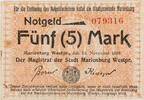 Marienburg (Westpreussen) 5 Mark Notgeldschein mit Prägestempel und Farbstempel A -
