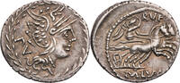 Römische Republik Denar M. Lucilius Rufus, Kopf der Roma / Victoria in Biga -
