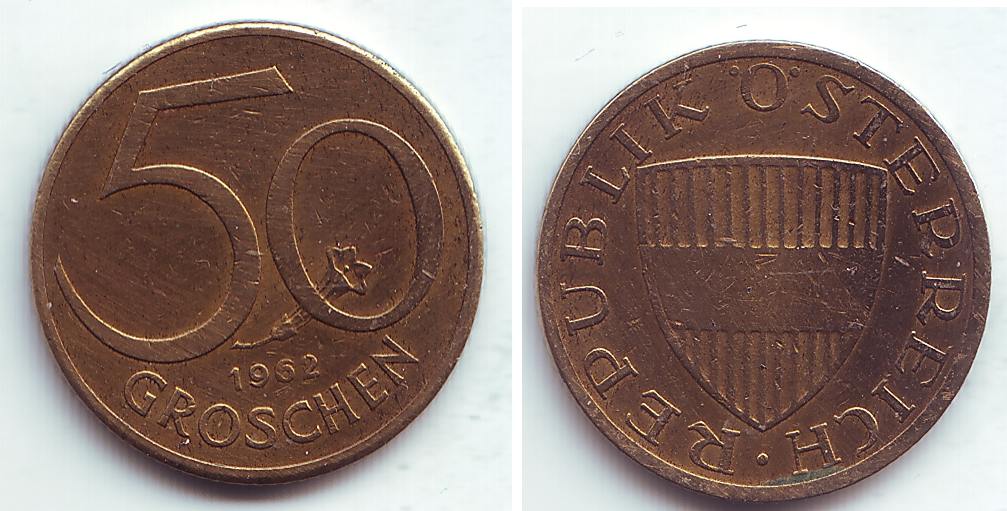 AUSTRIA 2 GROSCHEN,DATED 1962,ROLL OF 50,BU COINS. 