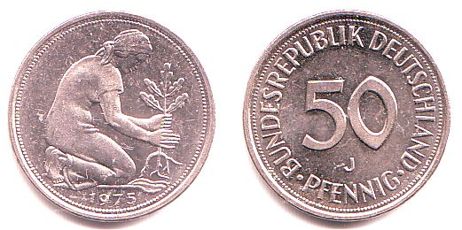 BRD 1975 J 50 Pfennig BU (MS65-70) Русские монеты из драгоценных.