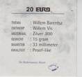 Niederlande 20 Euro 1996 Willem Baewntsz - Segelschiff - mit Zertifikat der Nederlandse Munt PP - in Kapsel