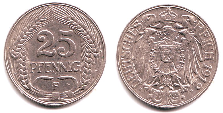 Kaiserreich 1912 F 25 Pfennig hren EF MA Shops