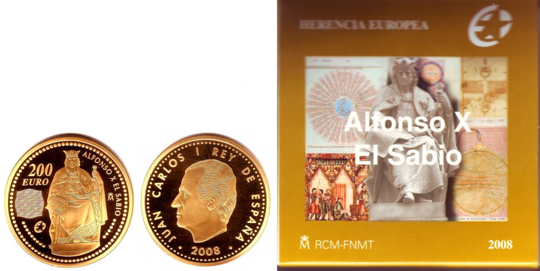 Spanien 200 EURO 2008 Goldmünze - König Alfonso X. Proof mit Box+ ...