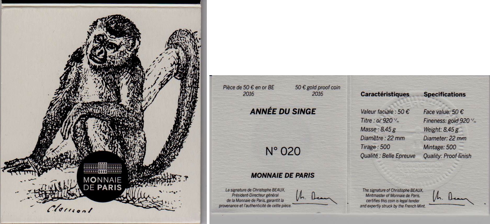 Frankreich 50 Euro 2016 La Fontaine - Jahr des Affen Proof mit Box+ ...