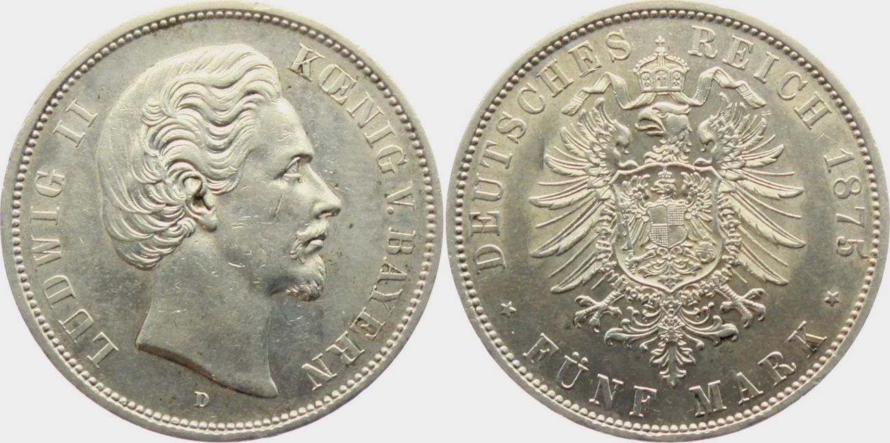 5 Mark 1875 D K nig Ludwig II Von Bayern 1864 1886 EF MA Shops
