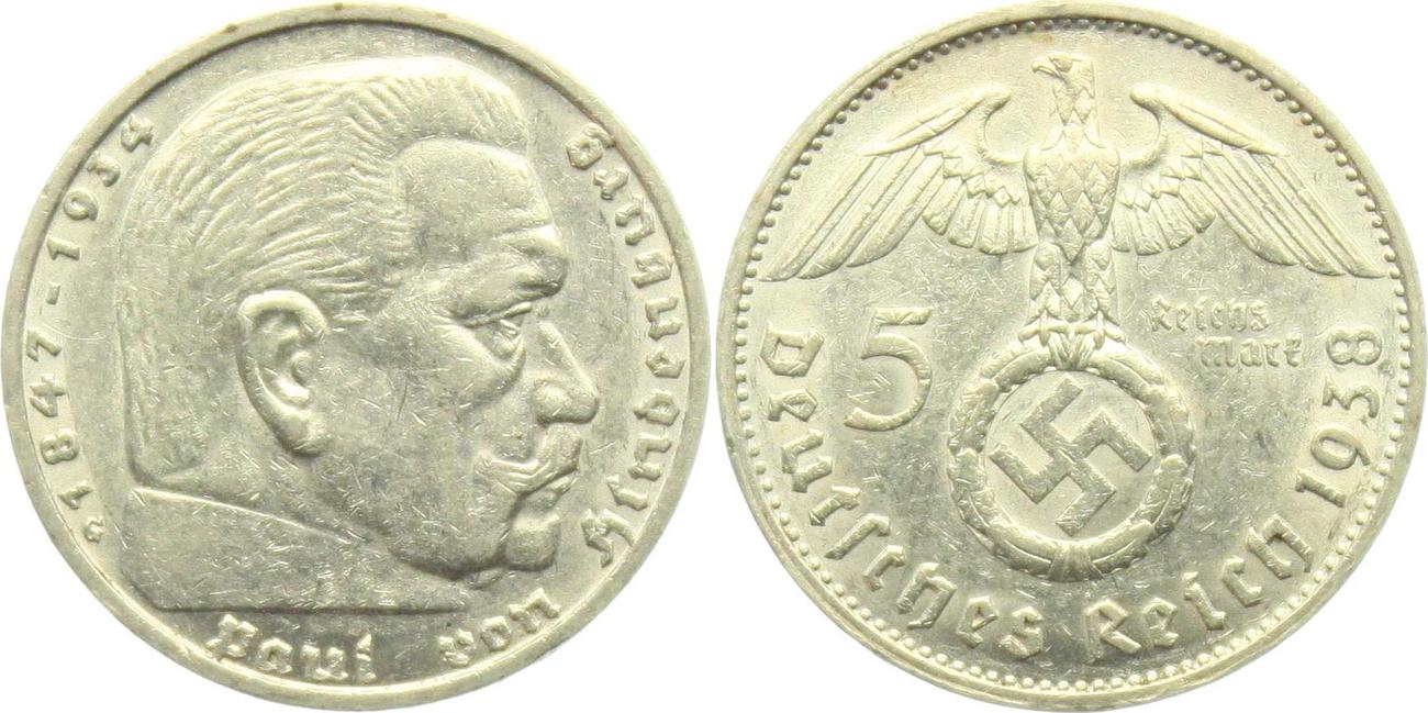Was Sind 5 Reichsmark Wert Mit Hakenkreuz Drittes Reich 5 Reichsmark 1938 G Hindenburg - mit Hakenkreuz VF-EF
